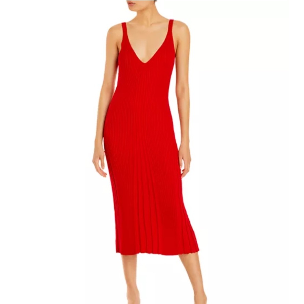 NWT• En Saison Red Ribbed Knit Midi Dress Medium V-Neck Bodycon Siren Core